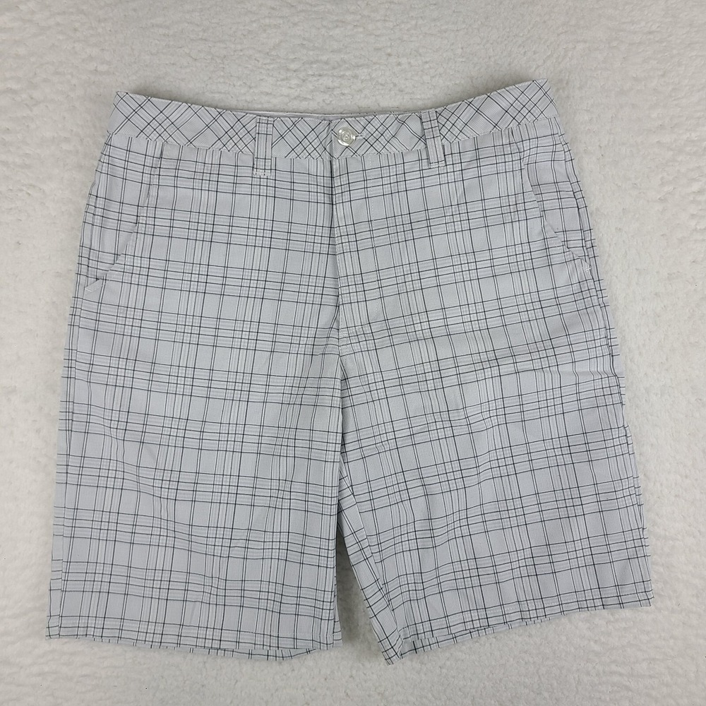 Travis Mathew Shorts Mens 32 Gray Black Plaid 10" Inseam Casual Performance Golf